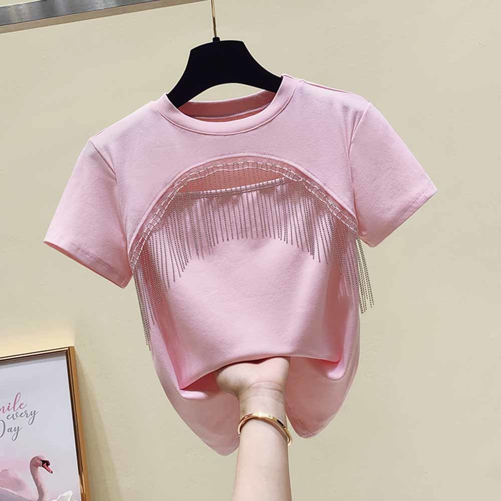 Pink/sort/hvid t-shirt crop top sommer t-shirts toppe kvinde t-shirt udhulet kvast bomuld kortærmet t-shirt dametøj: 4xl / Lyserød