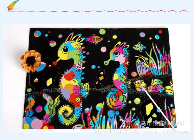 10 Sheets Tekening papier creatieve Kleurrijke Graveren Papier Met Pen Stencil Rainbow Scratch Art Ambachtelijke kerstcadeau