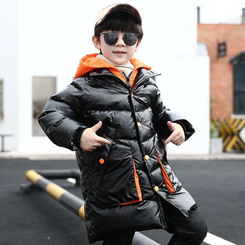 Kids Winter Long Style Jacket Coat For Boys Children Hooded Outerwear Warm Clothes Age 4 5 6 7 8 9 10 11 12 13 Years Old: Black / 4