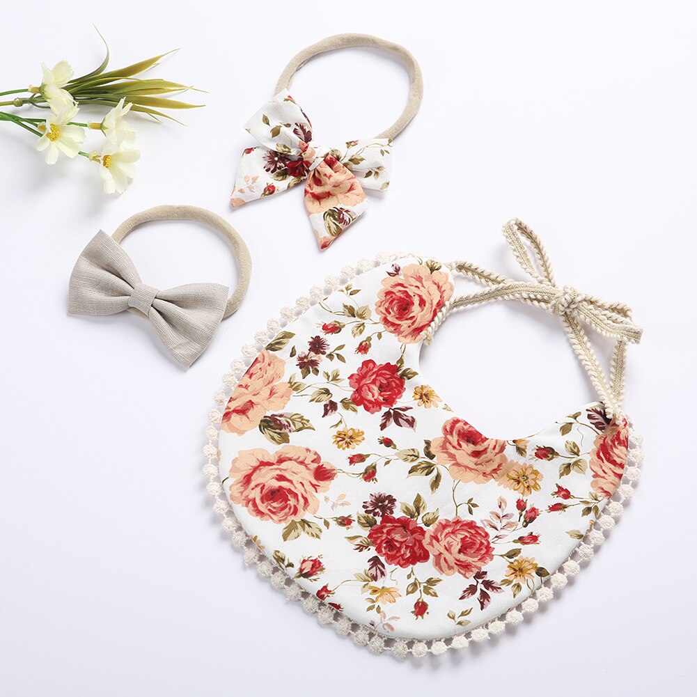 Conjunto de Baberos con diadema para bebé, toalla con borla para Saliva, Bandana con estampado Floral, lavable, paño para eructar, alimentación de bebé, 3 unids/set