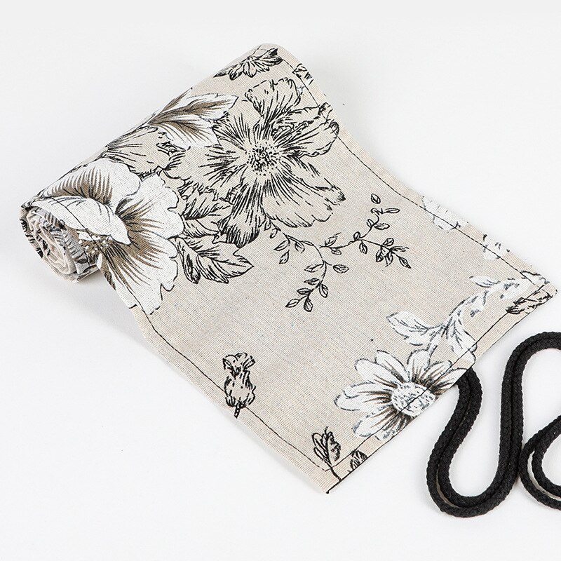 Trousse à crayons 24 ou 72 trous, étui en toile à enrouler, porte-stylo, pochette de rangement, boîte scolaire, pochette à crayons, papeterie: Black peony24 Hole
