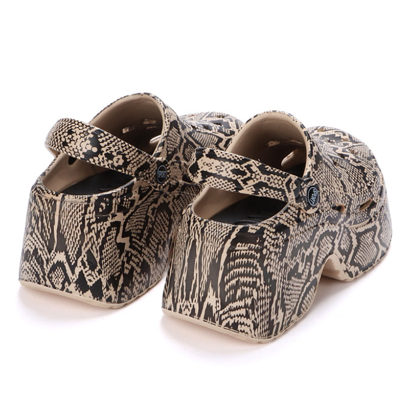Zuecos de fondo grueso de leopardo para mujer, sandalias de plataforma gruesas con punta cerrada, zapatillas de tacón de cuña súper alto para verano 2023