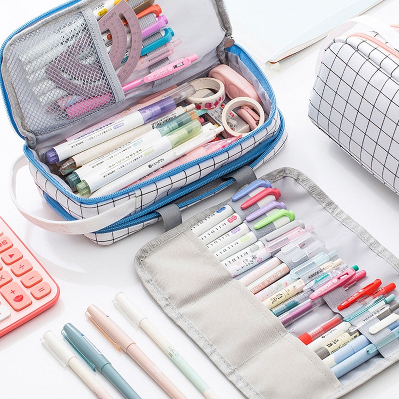 Large Capacity Pencil Case Multifunction Roll Pencil Bag Cute Grid Canvas Pencilcase Stationery Pen Pouch Back To School