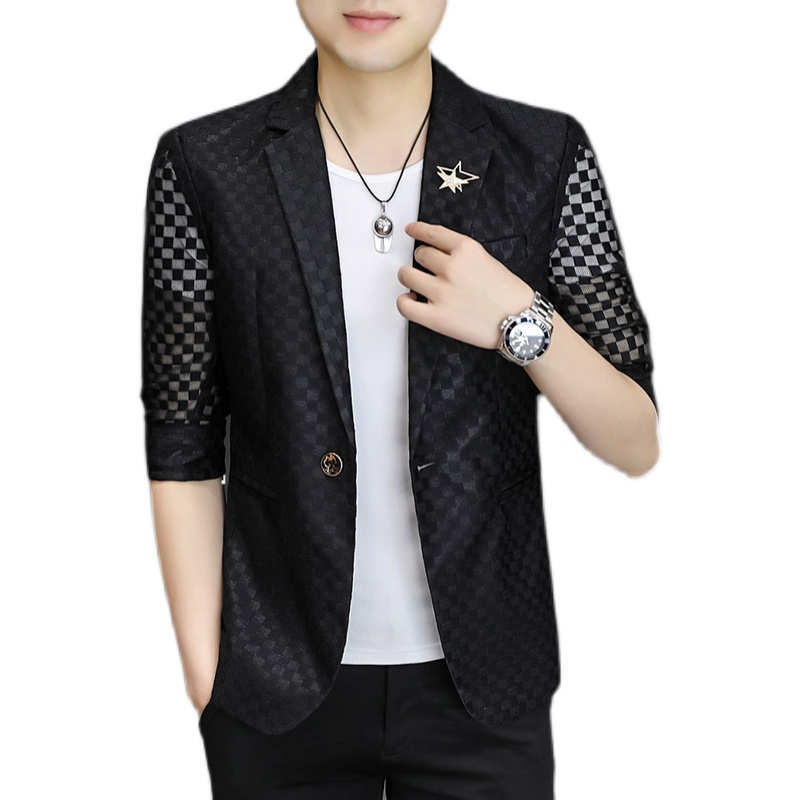 Summer Hollow Out Men Blazers Half Sleeve Slim Casual Suit Jacket Thin Sunscreen Business Street Wear Social Jacket Men Clothing