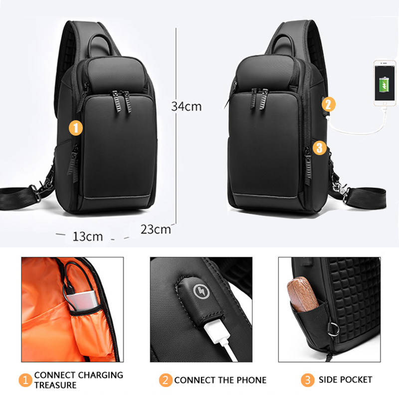 Anti-diefstal mannen Schoudertas Grote Capaciteit Crossbody Tassen Mannelijke Mode Zwart USB Opladen Waterdichte Sling Bag voor korte Trip