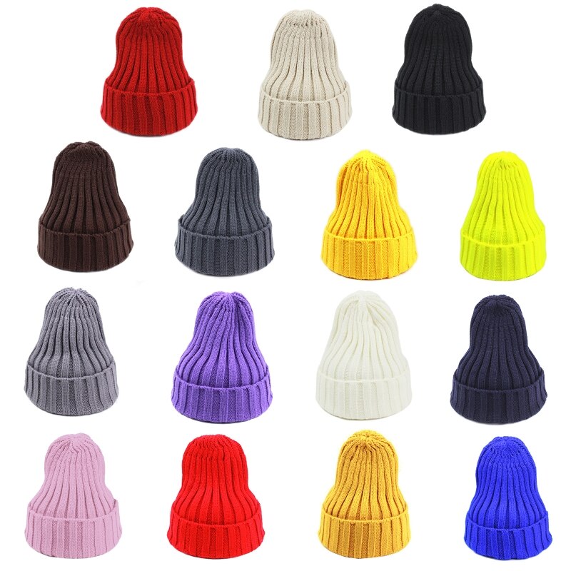 Unisex Winter Chunky Ribbed Knit Pointed Beanie Hat Neon Solid Candy Color Stretch Snow Ski Cuffed Skull Cap Ear Warmer