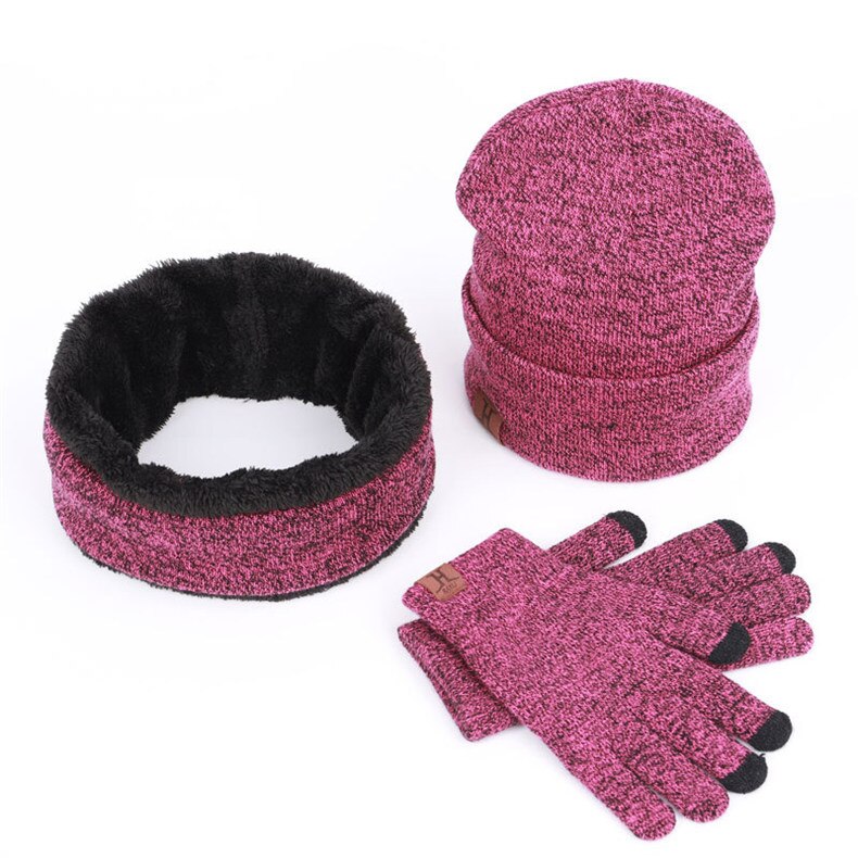 BADAMANASets 3 Winter Unisex Knitted Beanies Hats Men Warm Hat With Bib Touch Screen Gloves Women Bonnet Beanie Cap Outdoor Ridi: 3