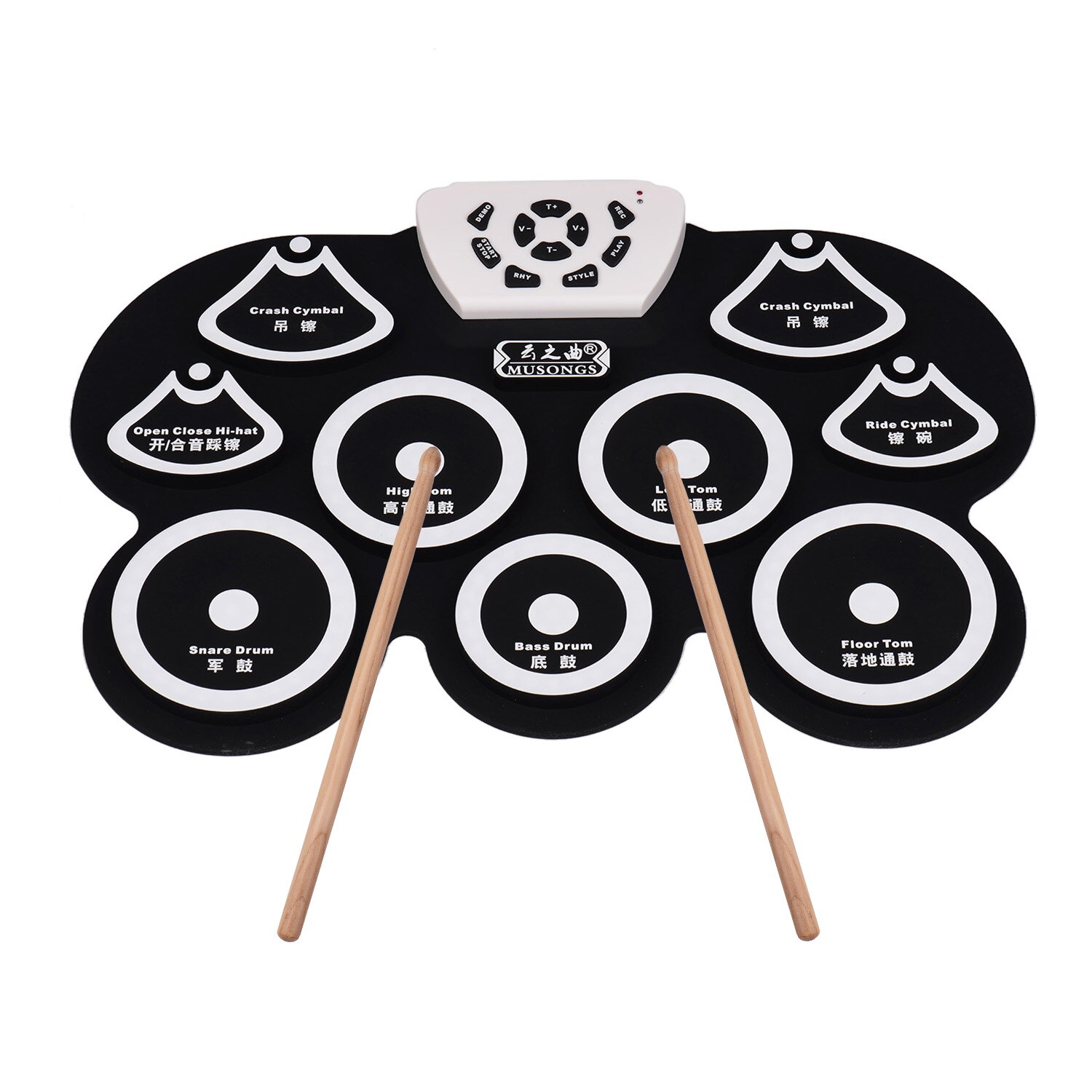 Electronic Drum Pad Kit Foldable Silicone Drum Portable Digital USB Drum with Stick and Foot Pedal: white
