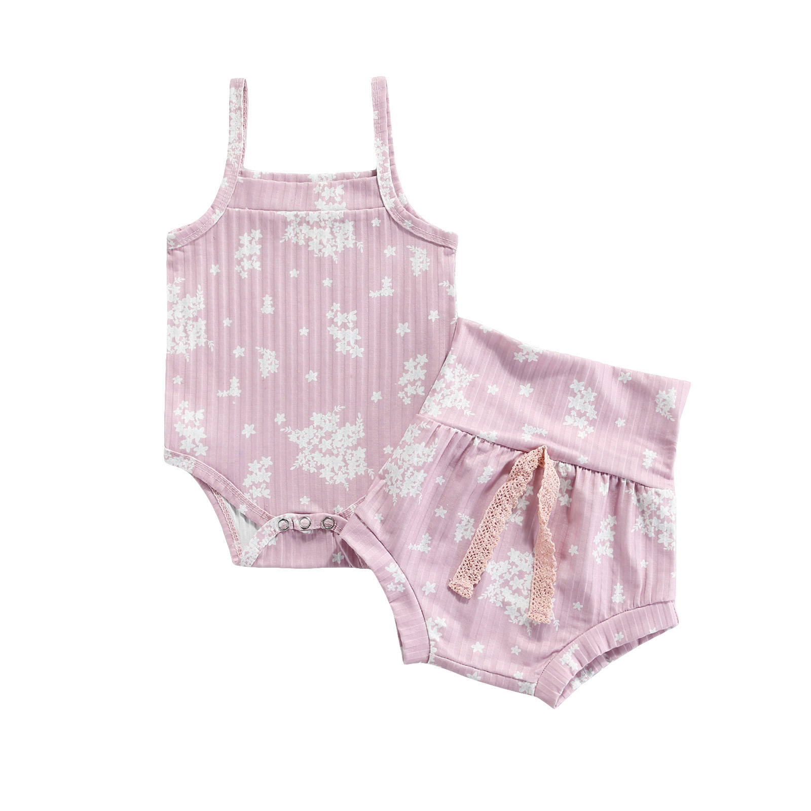 Baby Meisje Kleding Set Zomer Leuke Bloemenprint Mouwloze Romper + Boog Driehoek Shorts Outfits: Pink / 6m
