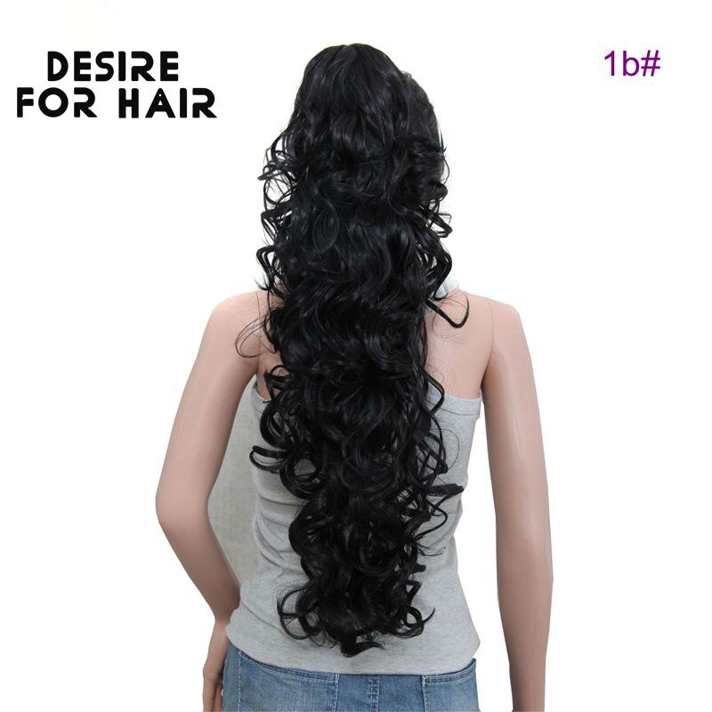 Desire Voor Haar 30Inch Lange 200G Hoge Temperatuur Synthetisch Krullend Paardenstaart Hair Extensions Met Claw Clip Haarstukken Voor vrouwen: #1B