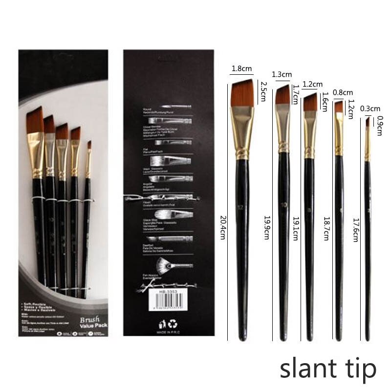 Artist Paint Brush Set 5Pcs Nylon Hair Wood Black Handle Watercolor Acrylic Oil Brush Painting Art Supplies: slant tip