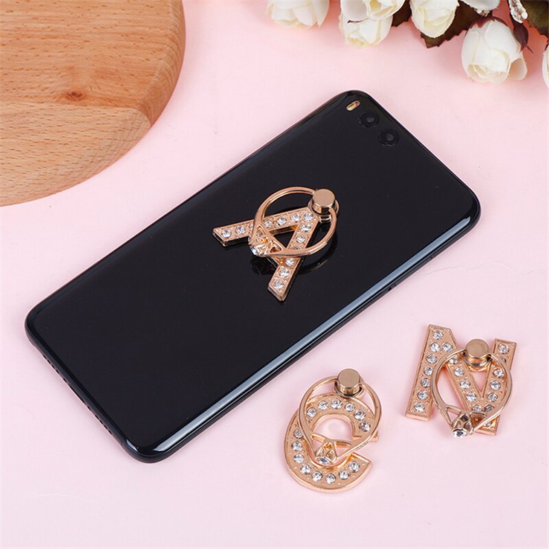 UVR Metal Diamond Finger Ring Character Phone Stand Holder English Letters Rhinestone Mobile Phone Holder Stand For All Phone