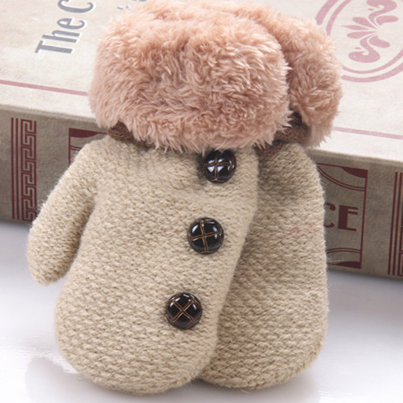 Winter Baby Boys Girls Gloves Full Finger Kids Mittens Warm Acrylic Rope Gloves Children Knitting Solid Button Mittens SA987036: Beige