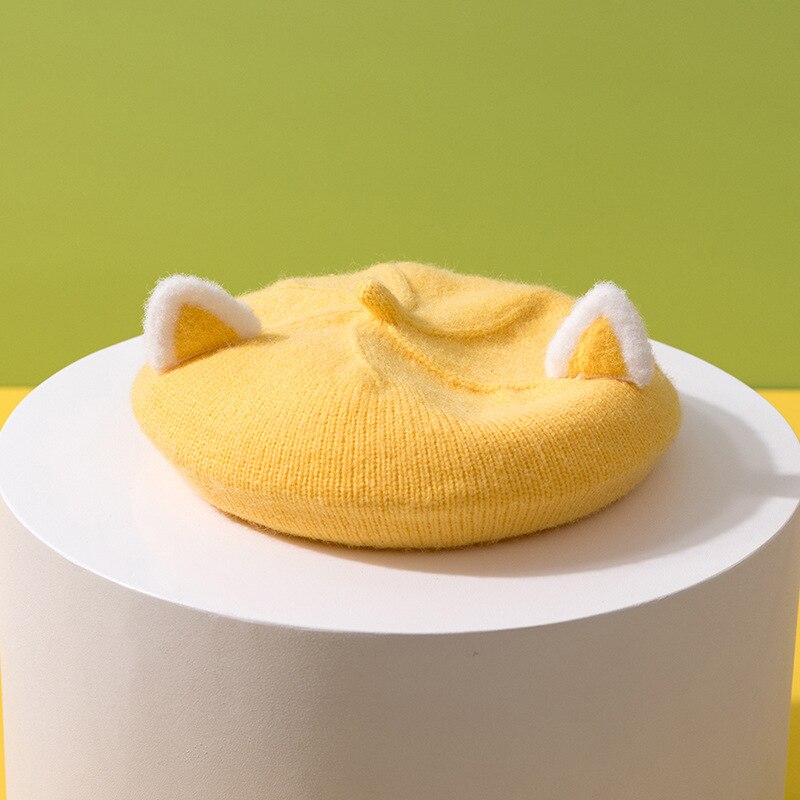 Béret de dessin animé pour enfants, chapeau tricoté avec oreilles de renard, Bonnet pour filles: YELLOW