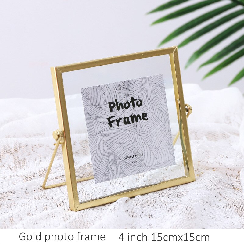 Gouden Fotolijst 4Inch Transparante Fotolijst Vierkante Legering Tafel Frame Set Het Podium Gedroogde Bloem Herbarium Diy Foto frames