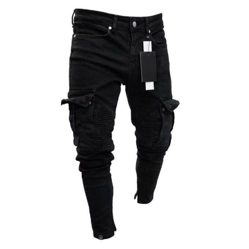 noir Jean hommes Denim Skinny Biker Jeans détruit effiloché Slim Fit poche Cargo crayon pantalon grande taille S-3XL