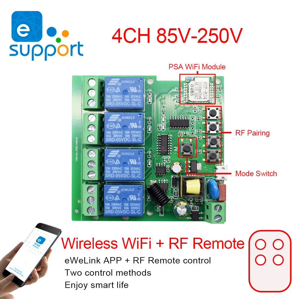 Ewelink Smart Afstandsbediening Wifi Draadloze Schakelaar Module 1CH/4CH DC5V 12V 32V 220V Tippen Zelf-Vergrendeling Rf Ontvangen 10A Relais: 4ch AC85-250 WIFI RF