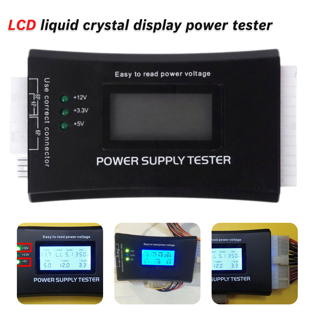 Check Quick Digital LCD Power Bank Supply Tester Computer 20/24 Pin Power Supply Tester Support 4/8/24/ATX 20 Pin Interface