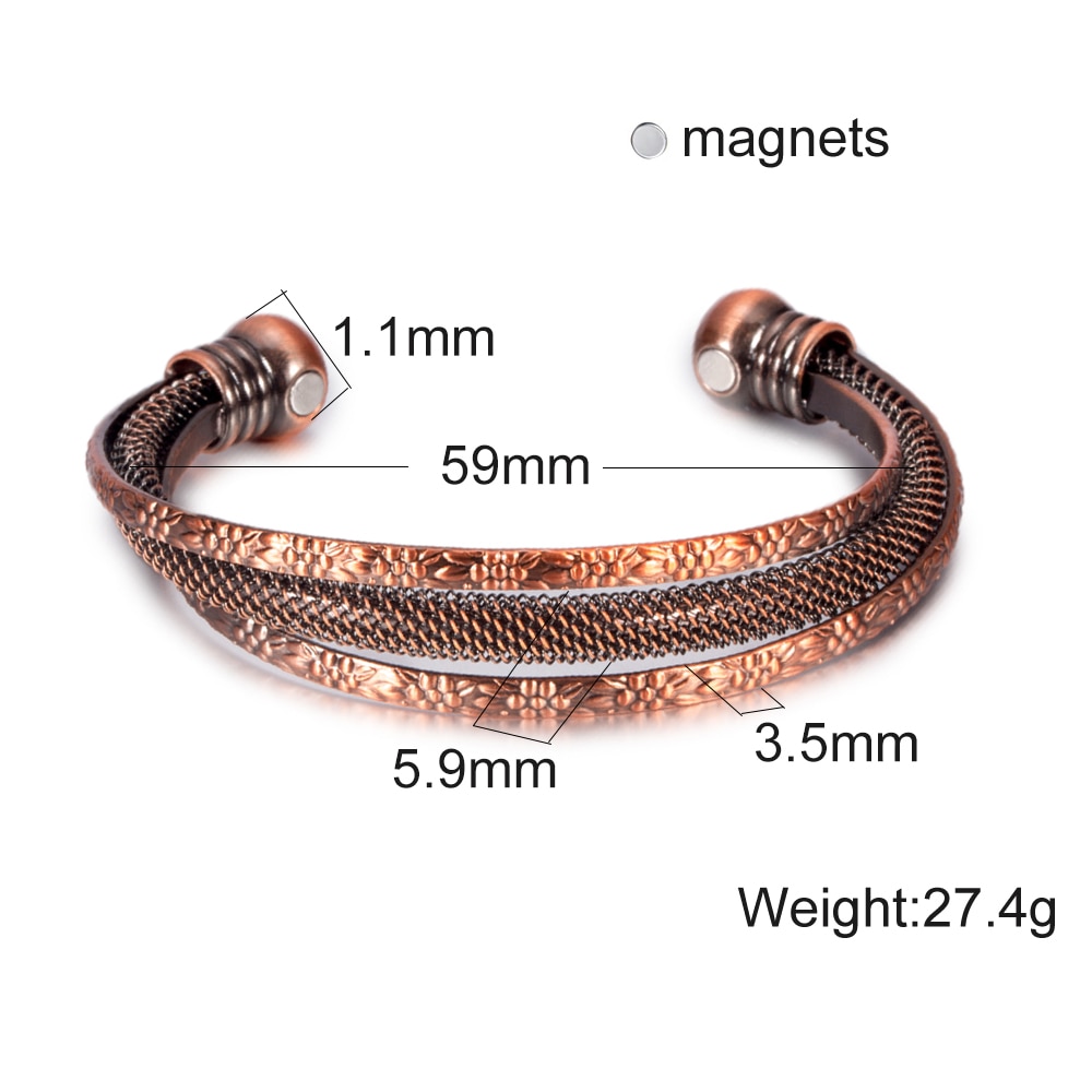 Vinterly torcido pulseira de cobre flores vintage energia magnética pulseira ajustável aberto manguito pulseiras presentes para mulher