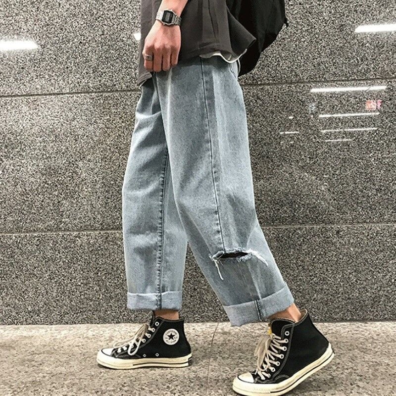 Męskie jeansy dzikie nogawki do kostek cienkie proste workowate spodnie rekreacyjne z dziurami spodnie jeansowe męskie wszystkie mecze stylowe Streetwear