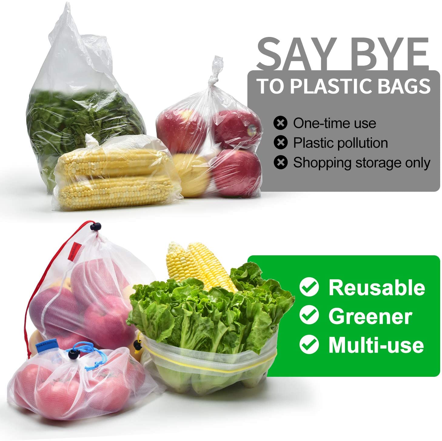 5pcs/pack Eco Friendly Mesh Vegetable Bags Reusable Produce Bags for Kitchen Supermarket Store Storage Fruit Bag with Drawstring