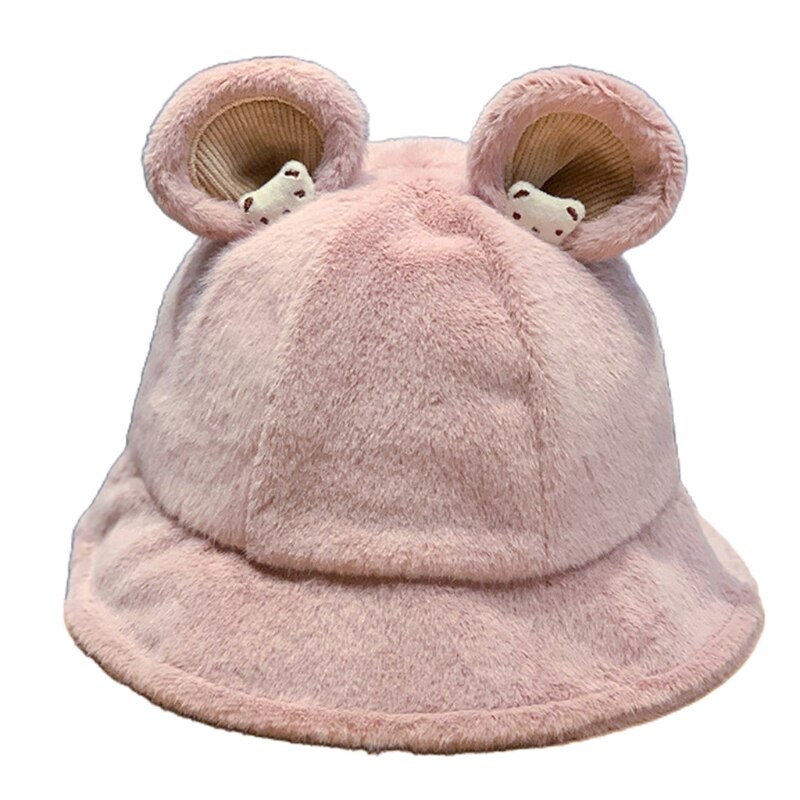 Lovely Fisherman Hat Cute Bear Ear Basin Cap Leisure Soft Sister Solid Color Bucket Cap Outdoor Activities Skiing Hiking: Pink purple