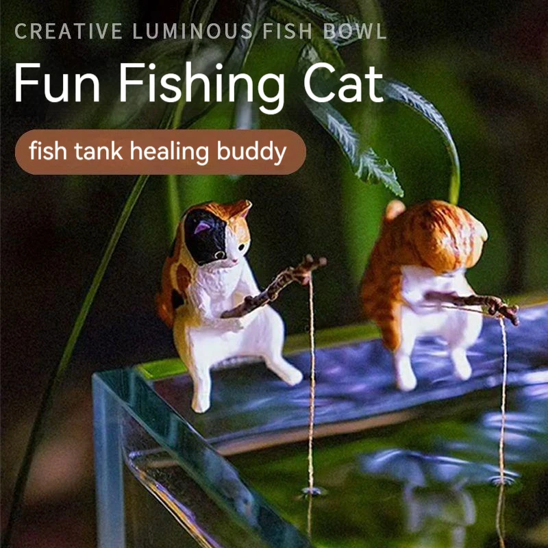 Fuuny-decoración creativa para acuario, accesorios pequeños para acuario de gato de pesca, adorno de paisajismo, accesorios para pecera Diy