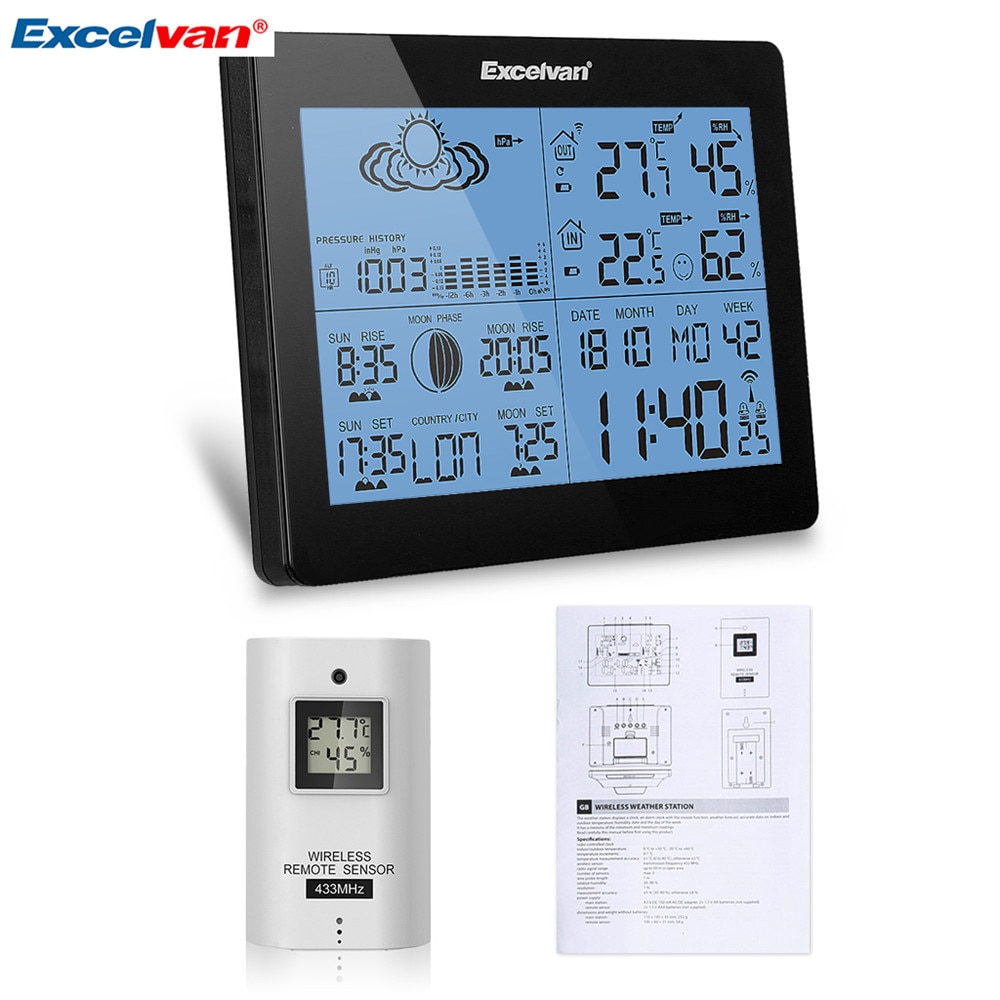 EXCELVAN Weather Station Wireless Indoor Outdoor Thermometer Hygrometer Forecast Temperature Humidity Clocks Alarm Clock Radio