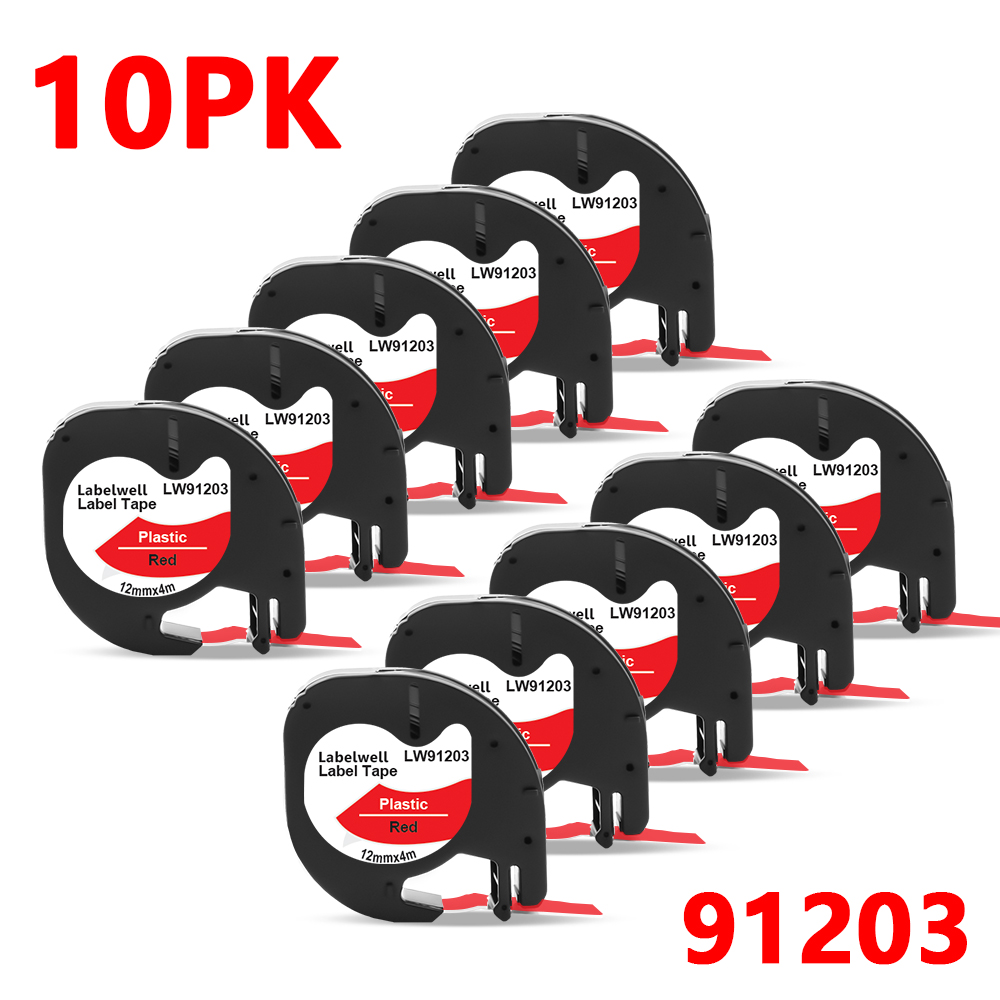 Labelwell 7PK 91202 91222 91332 plastikowa etykieta dla Dymo LT 12mm taśmy LT 91201 91200 91203 91204 12267 dla Dymo LetraTag LT-100H: 10PK 91203 Red