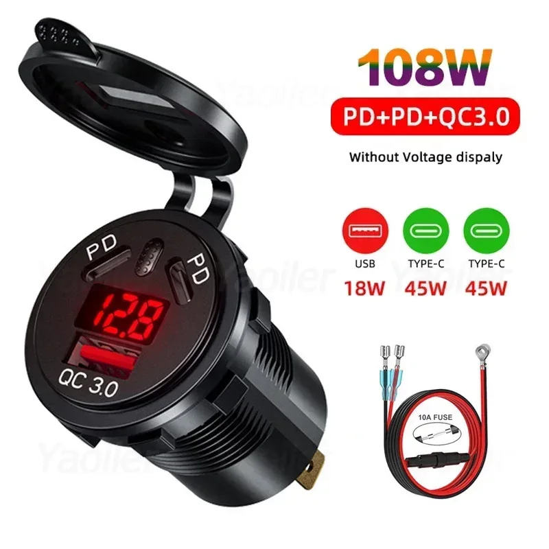 12V/24V USB-Steckdose 108W 3 Häfen Autoladegerät Dual 45W PD Typ C & 18W QC 3.0 USB-Ladegerät für Motorrad-Steckdose Ladeadapter: Blau