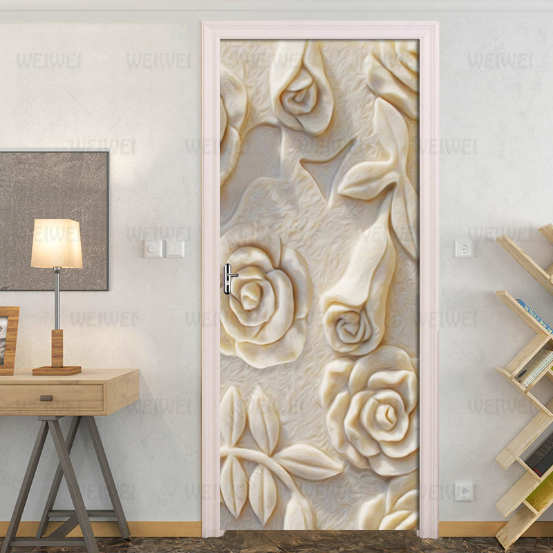 Home Decoration Door Sticker 3D Embossed Rose Wallpaper Living Room Bedroom Kitchen Waterproof Vinyl Door Mural Door Decal Mural