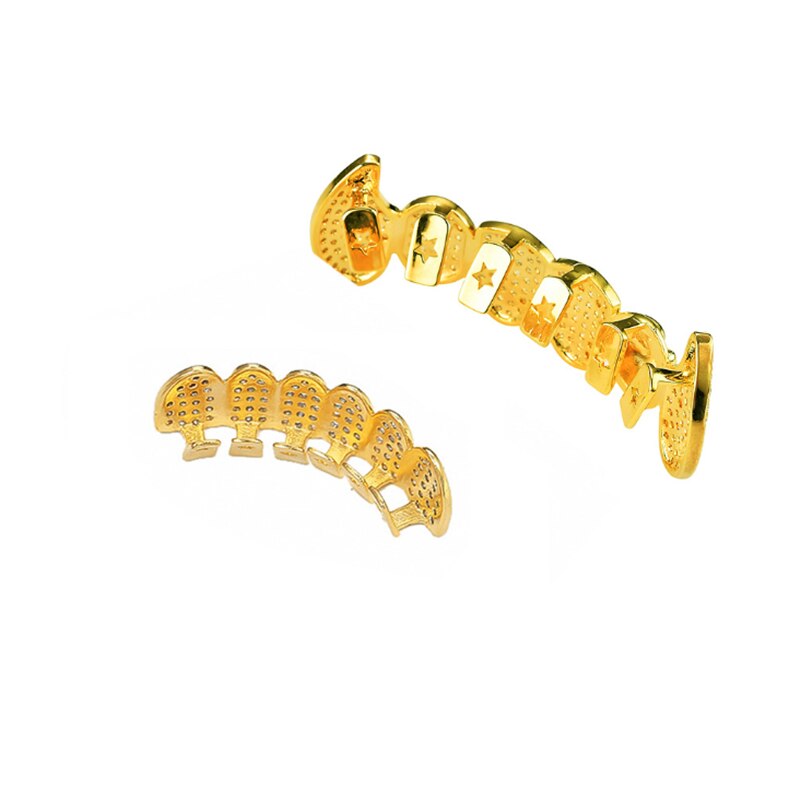 Goud Zilver Kleur Hip Hop Fang Tanden Caps Zirconia Top & Bottom Clown Schedel Grills Set