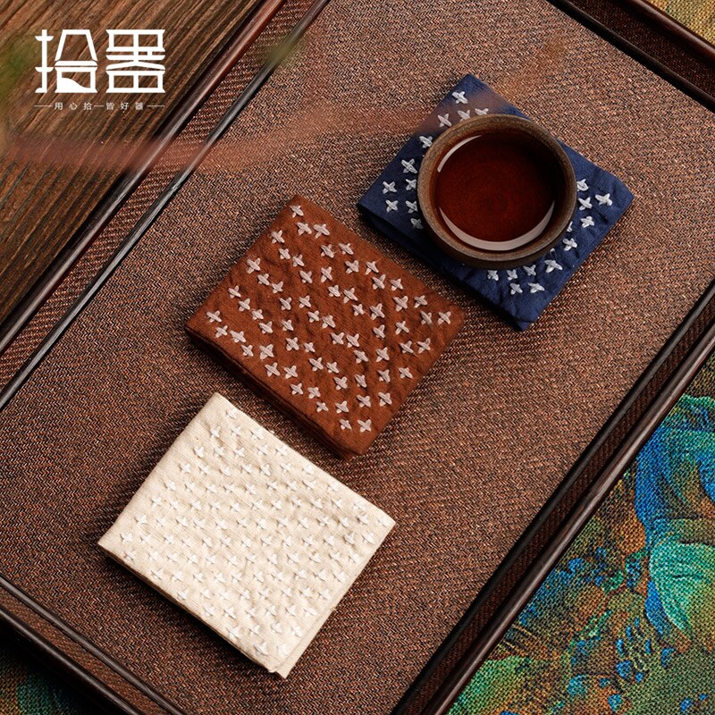 Retro Chinese Geborduurde Theedoek Japanse Thee Doek Pot Pad Tafelkleed Absorberende Katoen Hennep Verdikte Thee Plaat Accessoires