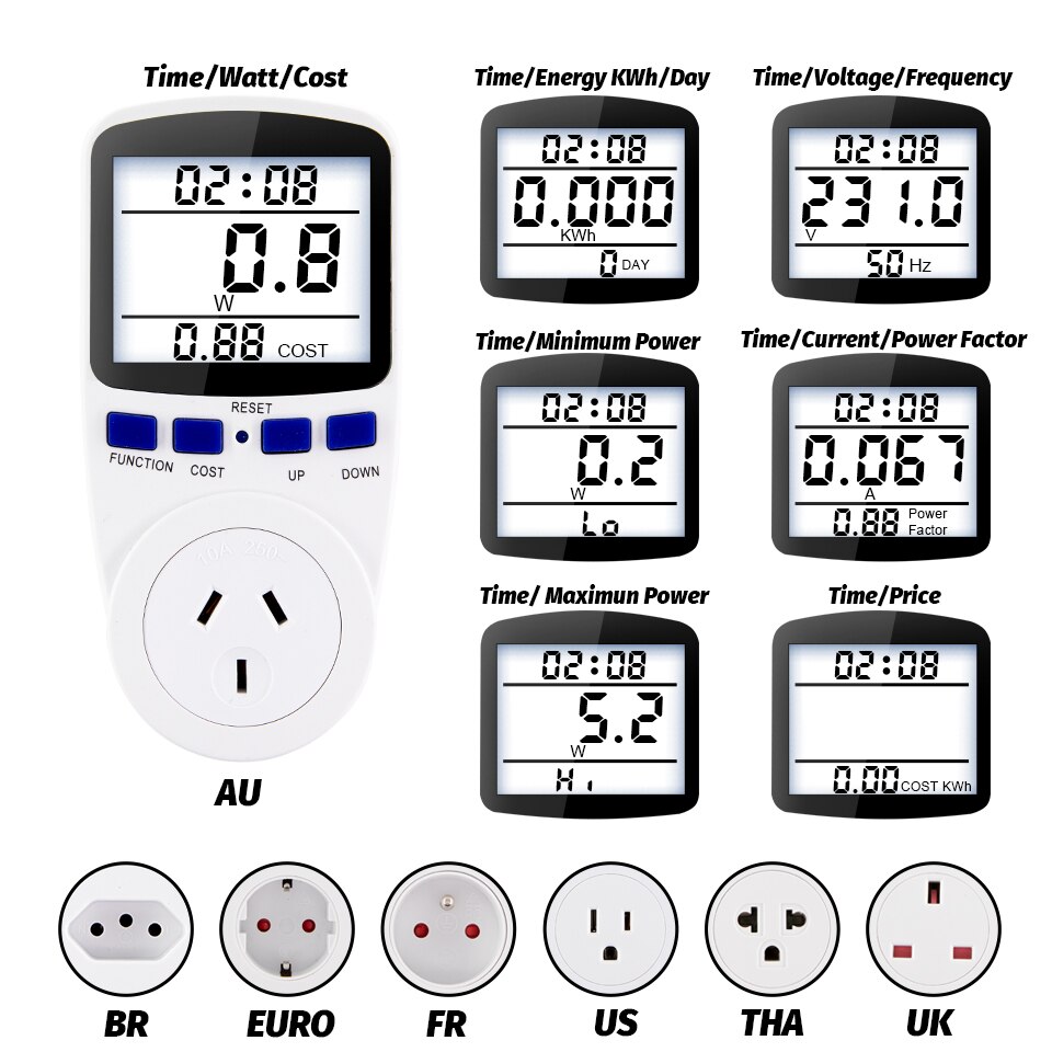 EU FR BR Plug Socket Digital Wattmeter Meter Power Consumption Watt Energy Meter KWh AC 220V 110V Electricity Analyzers Monitors