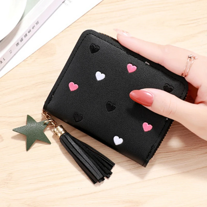 1PC Wallet Women Ladies Mini Tassel Wallets Cute Short Zipper Lovely Pu Leather Coin Purse Female Hand Wallet: black