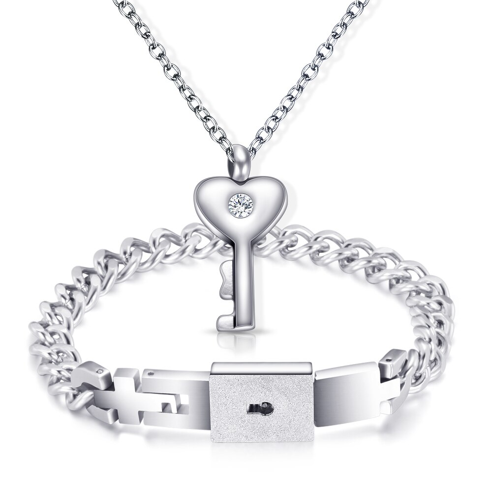 A Couple Jewelry Sets Stainless Steel Love Lock Bracelets Bangles Key Pendant Necklace Couples: Default Title