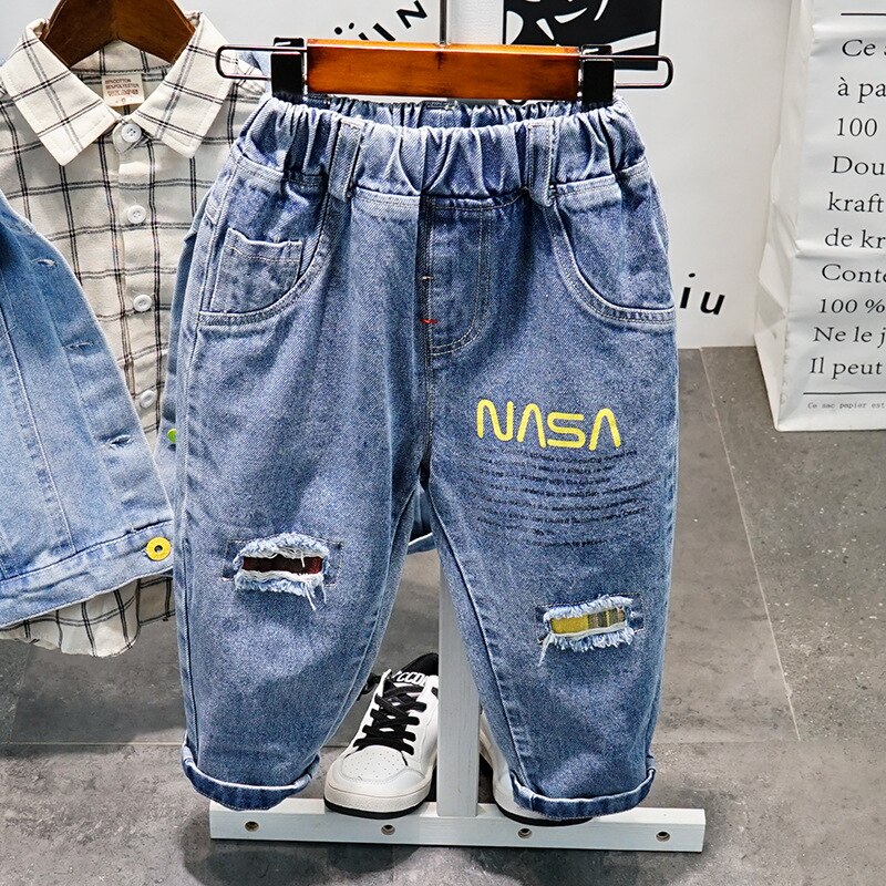 Drenge jeans rip denim distress flosset biker ridset udhulet lange jeans dreng zone 2-7 år: Blå / 2t-- højde 90cm