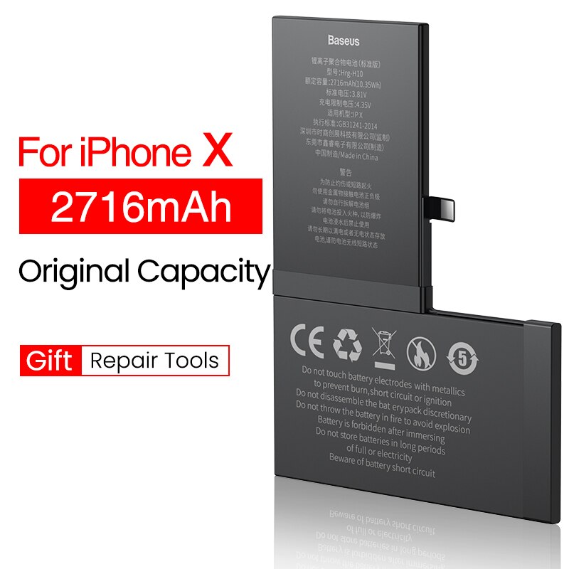 Baseus-batería Original de alta capacidad para iPhone XS Max, XR, X, herramientas de repuesto: 2716mAh For iP X