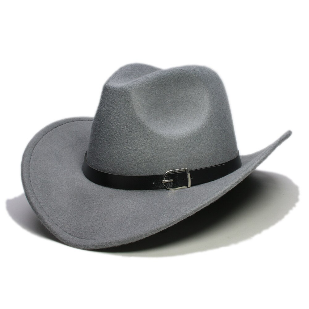 LUCKYLIANJI-Sombrero de banda de cuero occidental para niños, sombrero de ala ancha estilo Country, fieltro de lana, Jazz, Chapeu, vaquero: Gris