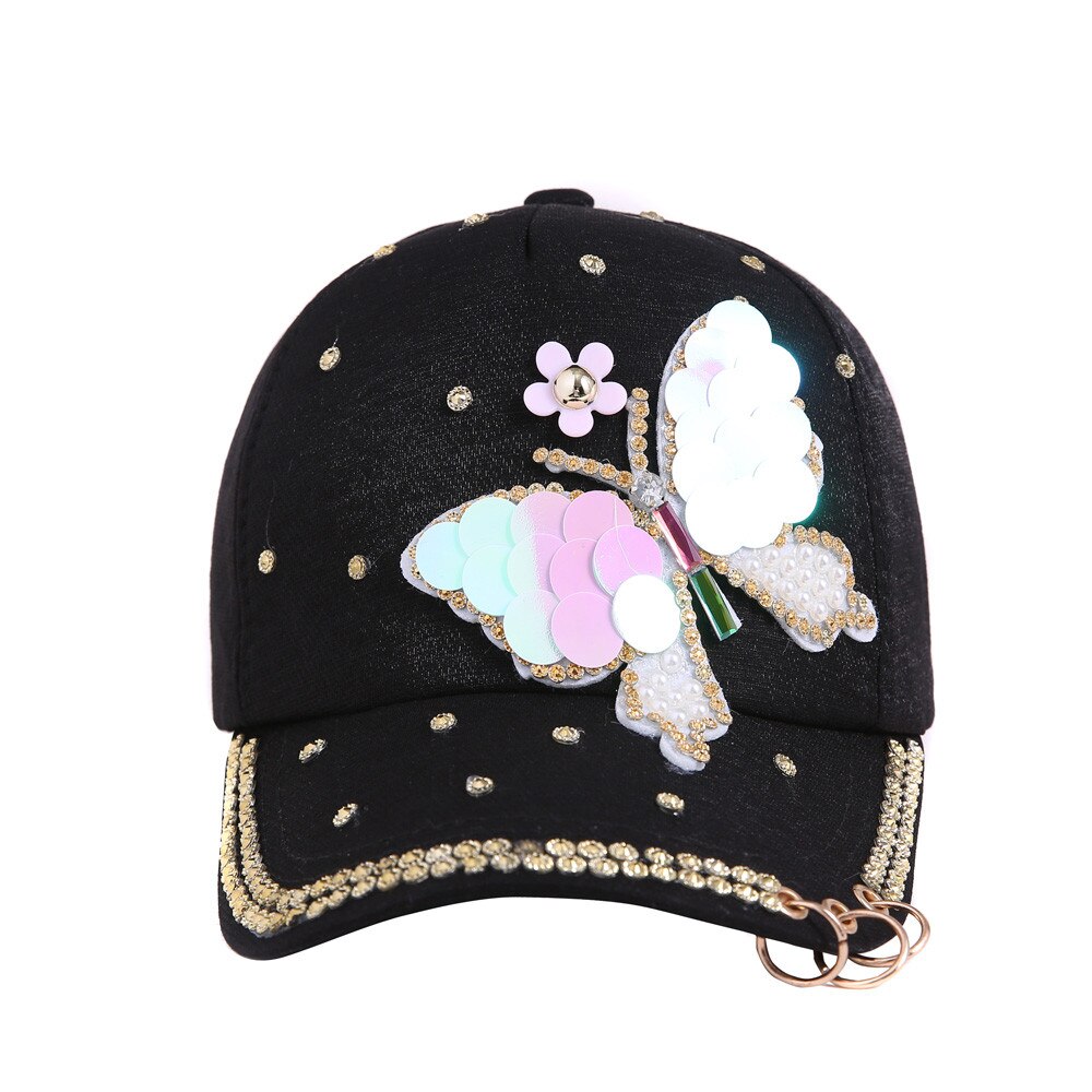 Women Cool Baseball Cap Hip Hop Adjustable Curve Cap With Ring White Black Butterfly Printing Sun Shading Hat