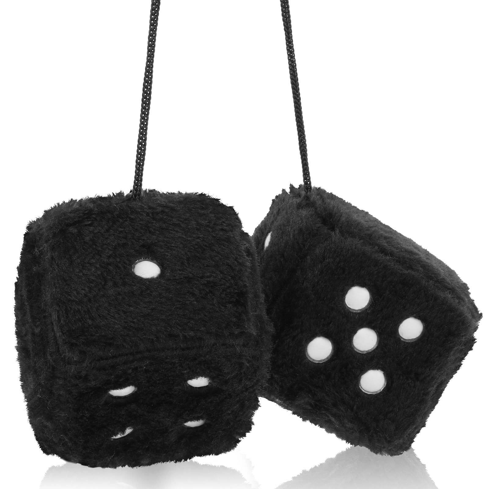 Dés pelucheux pour miroir de voiture, paire de dés en peluche pelucheux carrés rétro de 2.7 pouces avec points pour suspendre des accessoires de voiture, intérieur moelleux: Black