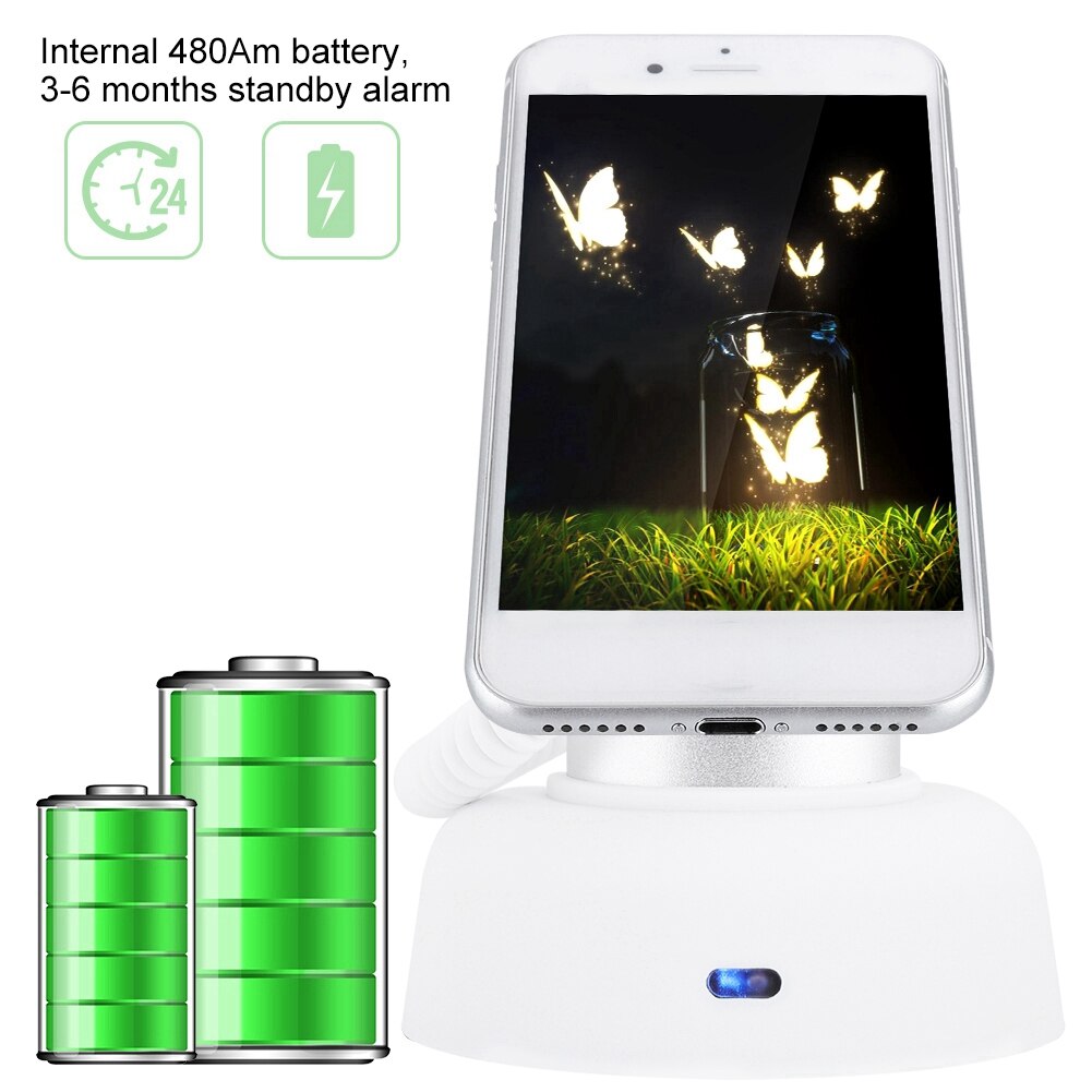 Soporte de pantalla antirrobo para teléfono móvil con alarma de seguridad y función de carga 110-240V