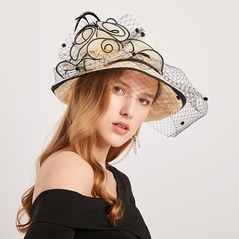 Fs beige hyvät fascinator hatut häät kentucky derby hatut naisille huntu kukka leveä lieri fedora organza kirkon hattu