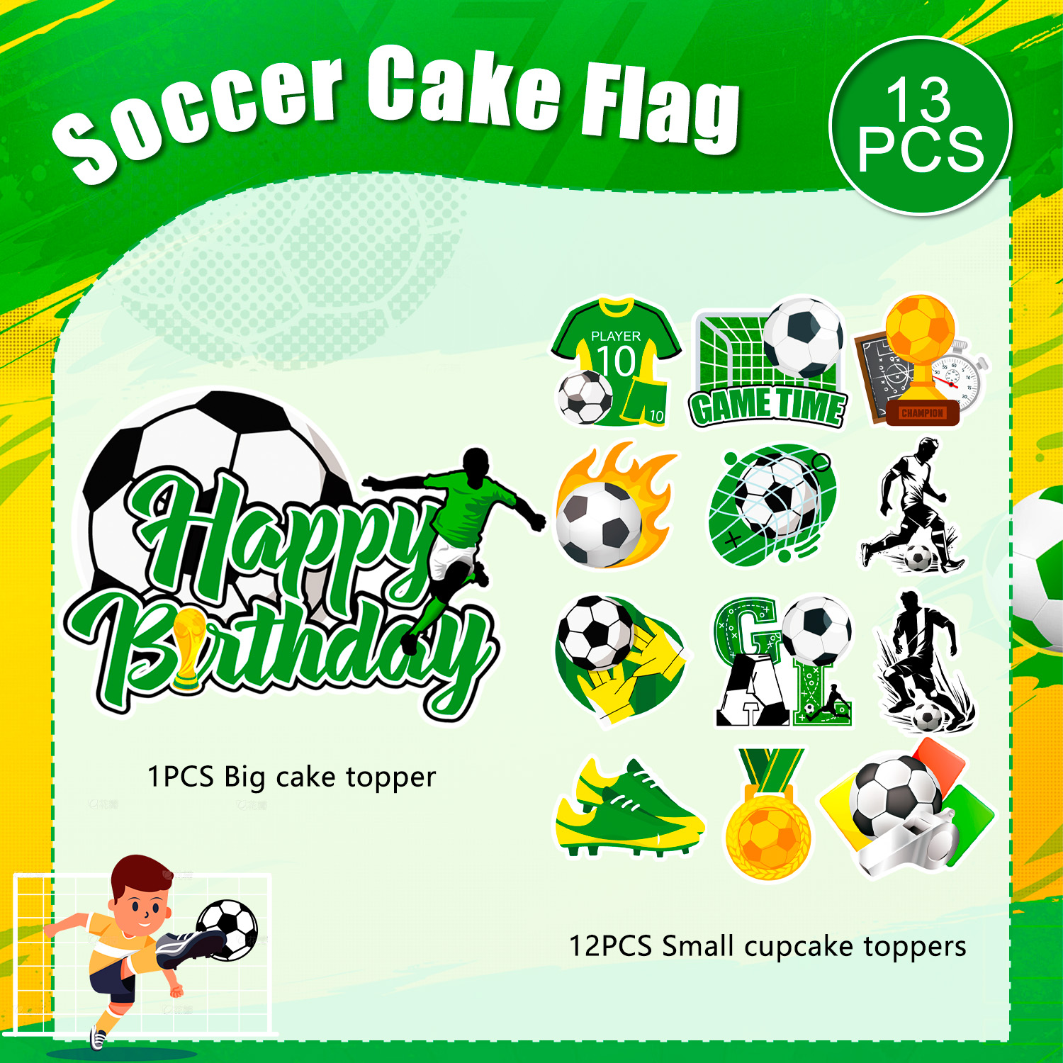 Voetbal taart decoraties, 13 stuks voetbal taart topper set - voetbal cupcake toppers + voetbal taart topper voor voetbal verjaardag