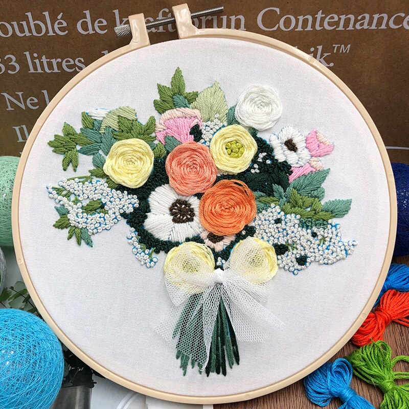 Original DIY 3d Flower Bouquet Needlework Cross Stitch Kit Beginner Handmade Embroidery Fabric Threads Material Bag: Bouquet 02