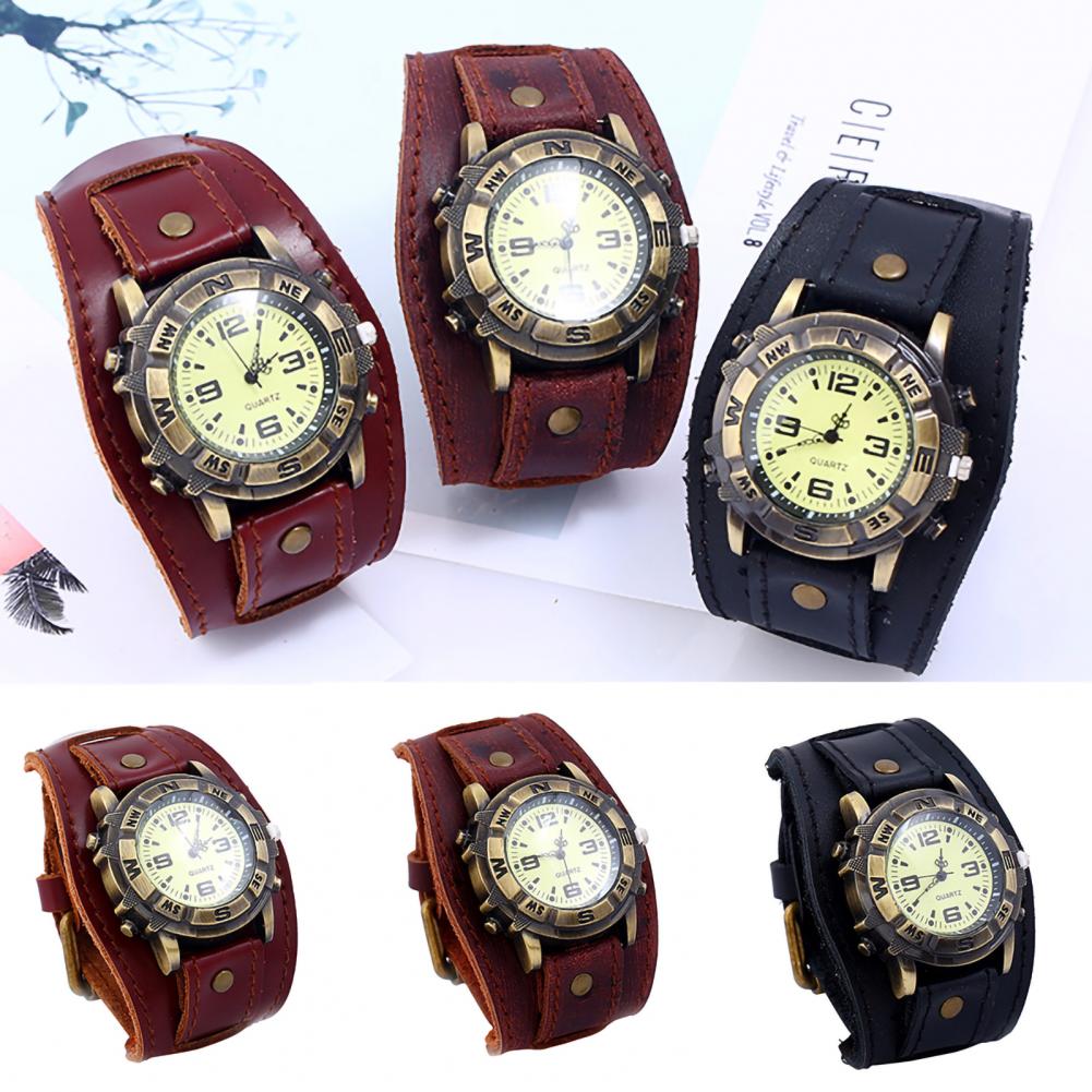 Jahrgang Frauen Männer Punk Faux Leder Runden Zifferblatt Quarz Armbinde Armbanduhren