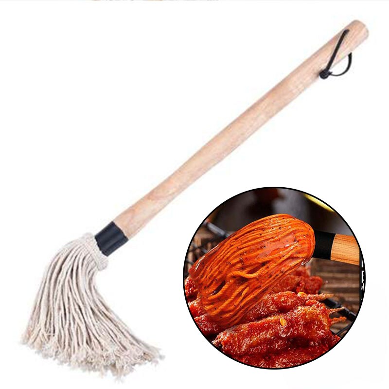 BBQ Grill Basting Mop Barbecue Brush Wooden Long Handle with Removable Brush Easy To Dip