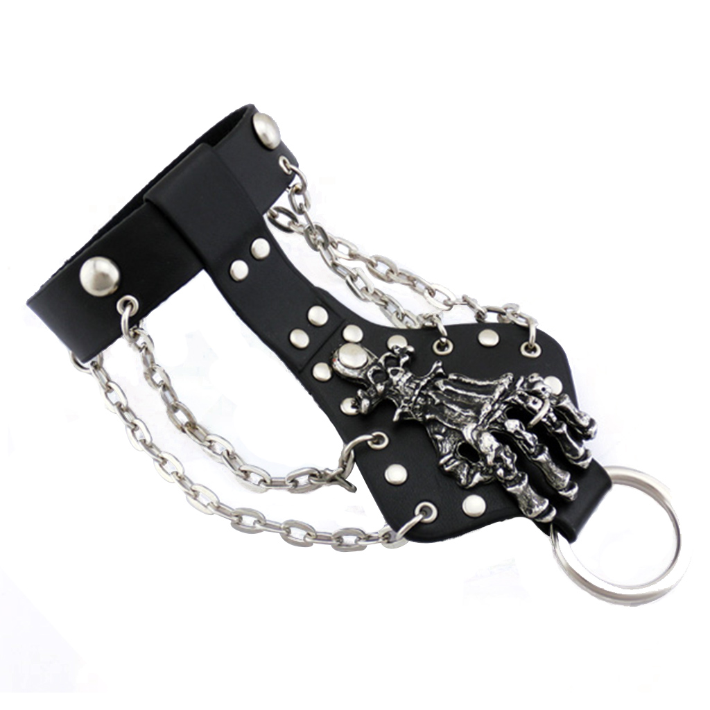 Punk Mannen Biker Rivet Studs Lederen Skeleton Hand Vinger Ketting Armband