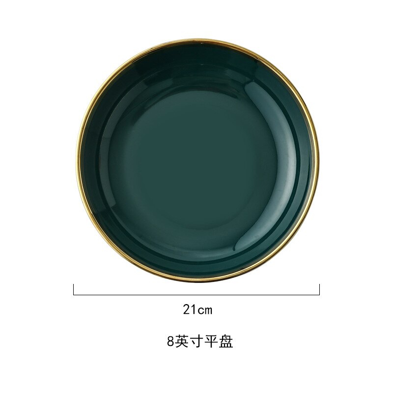 Luxury Plates and Bowls Dish Spoon Dinner Set with Glod Rim Ceramic Salad Ramen Bowl Deep Plate Crockery Green Dinnerware: 8 inch plate