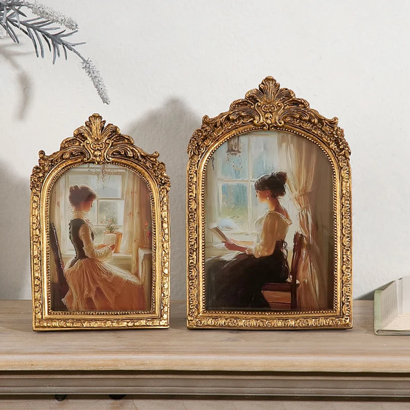 Antique Arch Shaped Photo Frame Gold Color Carved Embossed Resin Picture Frame Holder Wall Hanging Home Table Decoration Crafts